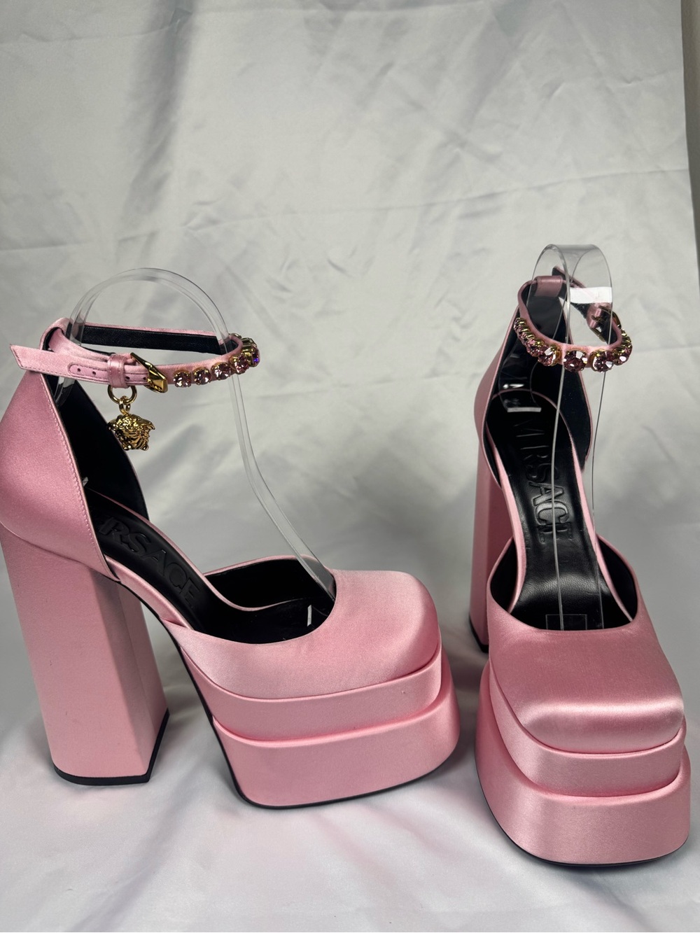 Versace Medusa Aevitas Platform Pumps Pink Satin Crystal